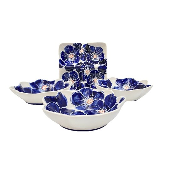 Vintage Ceramicas Anoru Spain Hand painted Floral Bowls Blue And White Snack Set - Picture 1 of 9